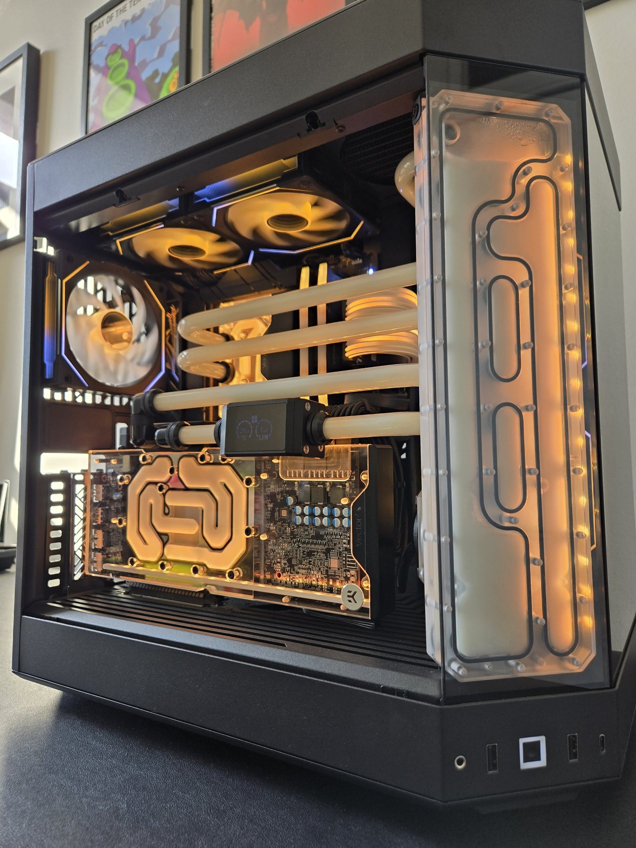 Custom water-cooled PC with amber hardline tubing loop, built by Water-cooling Design