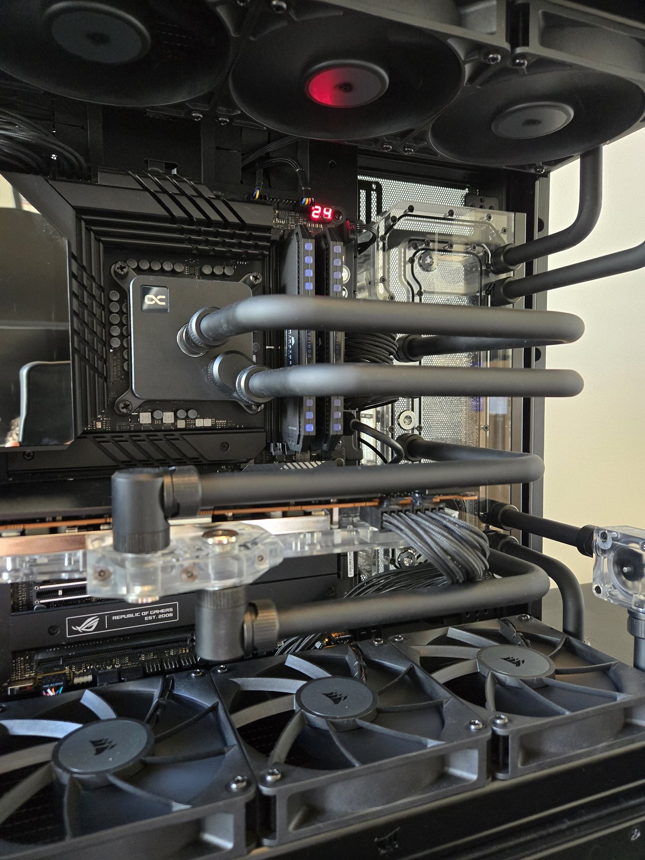 Matte black distro build detail, tubing and fittings