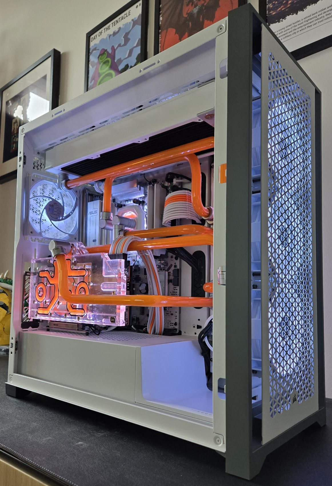 Air-to-water conversion build with orange coolant, built by Water-cooling Design