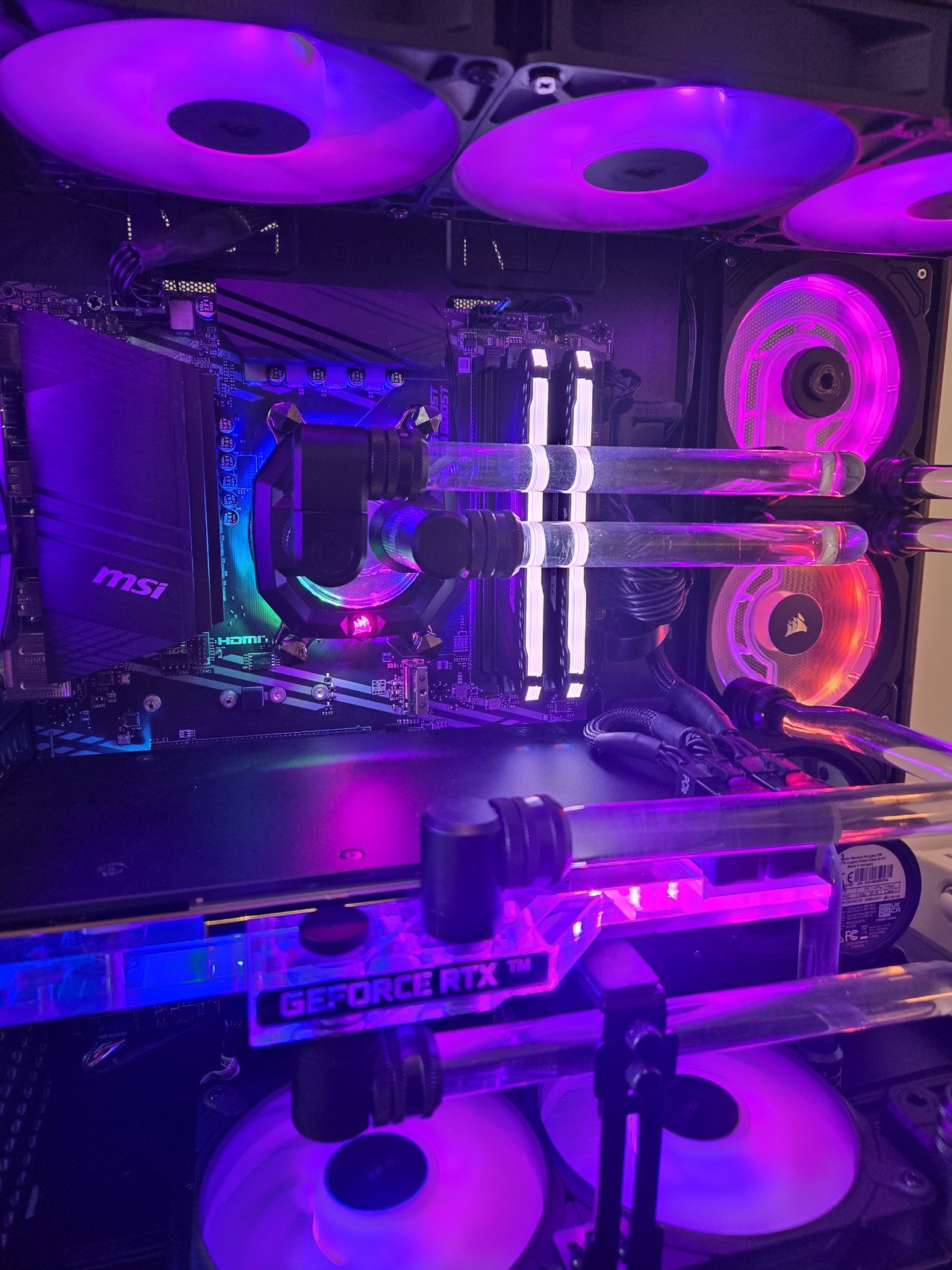 Full RGB workstation detail, CPU block and fans