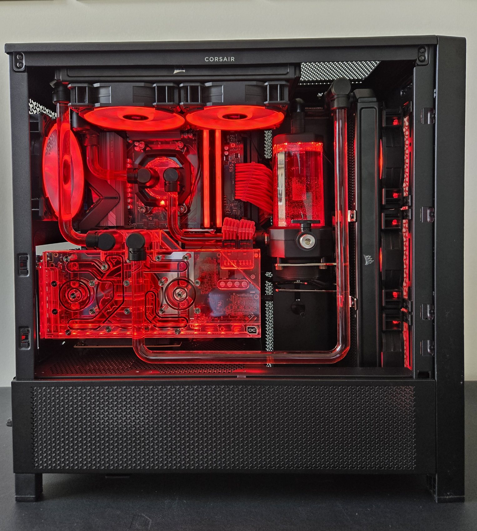 Red build in a mesh-panel case, alternate angle